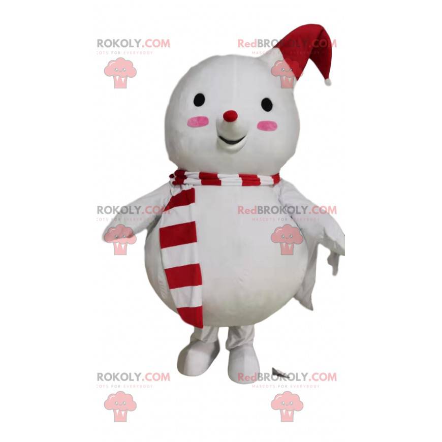 Mascotte del pupazzo di neve con un cappello rosso e bianco -