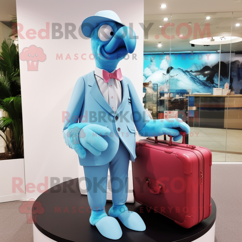 Sky Blue Flamingo mascot costume character dressed with a Cover-up and Briefcases Sky Blue Flamingo mascot costume character dressed with a Cover-up and Briefcases