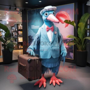 Sky Blue Flamingo mascot costume character dressed with a Cover-up and Briefcases