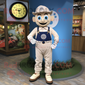 Cream Wrist Watch mascot costume character dressed with a Dungarees and Rings