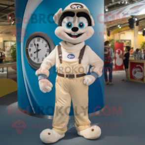 Cream Wrist Watch mascot costume character dressed with a Dungarees and Rings