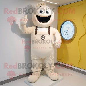 Cream Wrist Watch mascot costume character dressed with a Dungarees and Rings