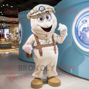 Cream Wrist Watch mascot costume character dressed with a Dungarees and Rings