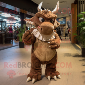 Brown Triceratops mascot costume character dressed with a Culottes and Shoe laces