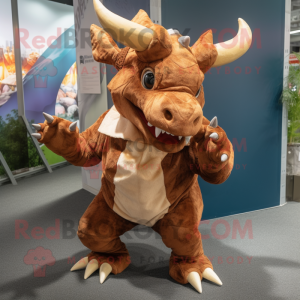 Brown Triceratops mascot costume character dressed with a Culottes and Shoe laces