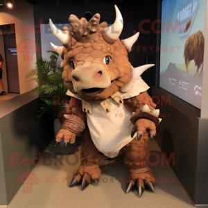 Brown Triceratops mascot costume character dressed with a Culottes and Shoe laces