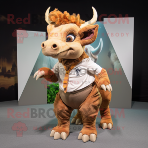 Brown Triceratops mascot costume character dressed with a Culottes and Shoe laces