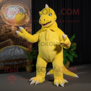 Lemon Yellow Iguanodon mascot costume character dressed with a Playsuit and Mittens