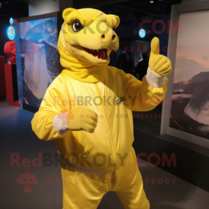 Lemon Yellow Iguanodon mascot costume character dressed with a Playsuit and Mittens