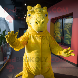 Lemon Yellow Iguanodon mascot costume character dressed with a Playsuit and Mittens