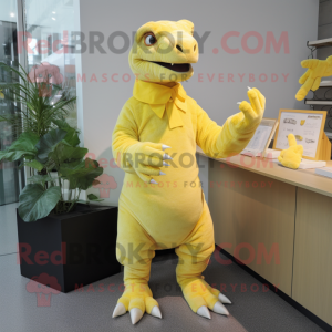Lemon Yellow Iguanodon mascot costume character dressed with a Playsuit and Mittens