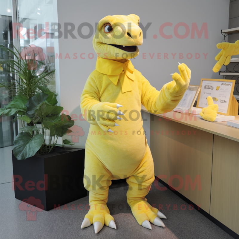 Lemon Yellow Iguanodon mascot costume character dressed with a Playsuit and Mittens Lemon Yellow Iguanodon mascot costume character dressed with a Playsuit and Mittens