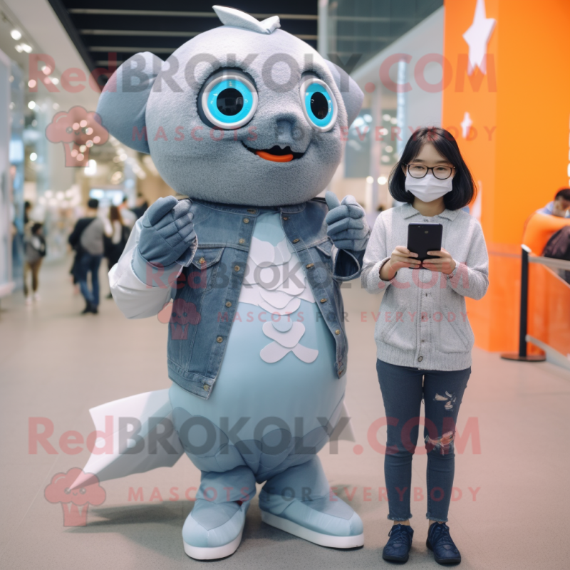 Gray Goldfish mascot costume character dressed with a Mom Jeans and Smartwatches Gray Goldfish mascot costume character dressed with a Mom Jeans and Smartwatches
