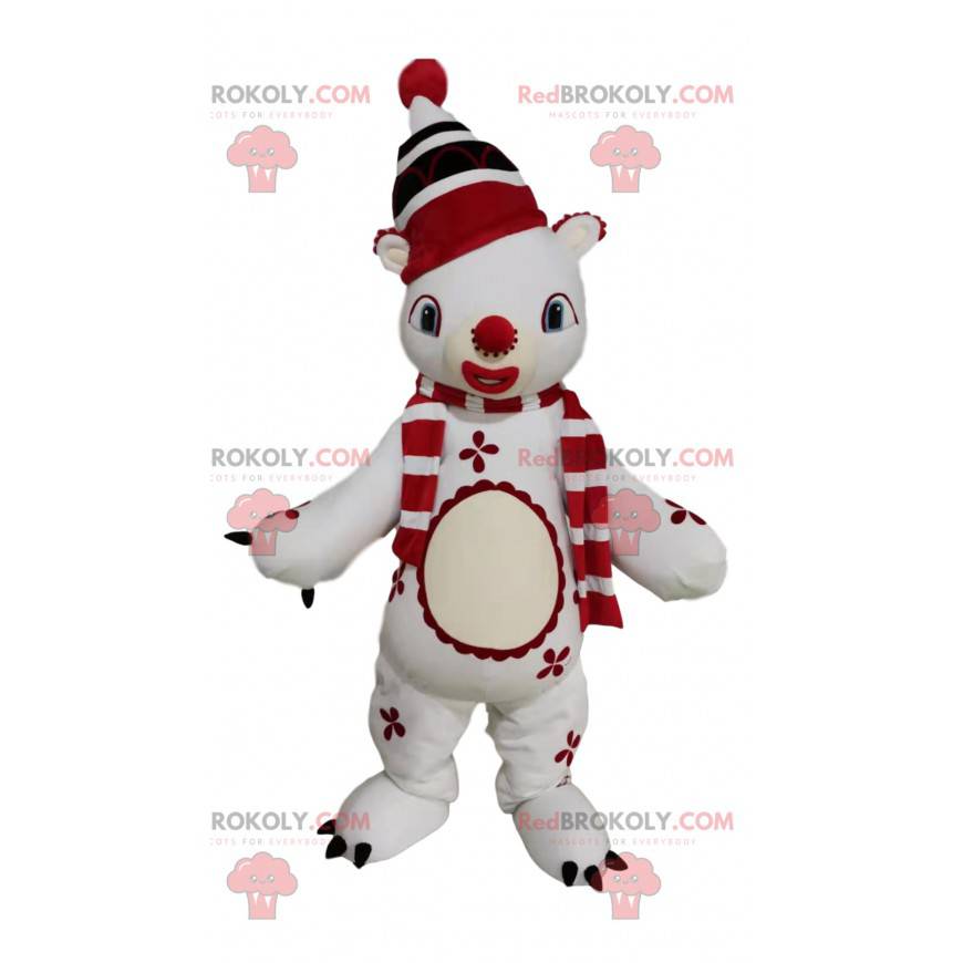 Maskot sněhuláka s červeným kloboukem s bambulí - Redbrokoly.com