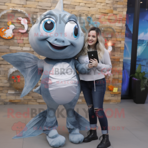 Gray Goldfish mascot costume character dressed with a Mom Jeans and Smartwatches