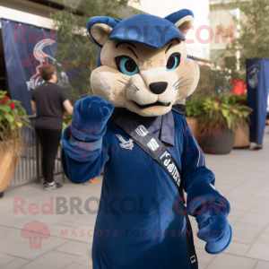 Navy Puma mascot costume character dressed with a Skinny Jeans and Scarf clips