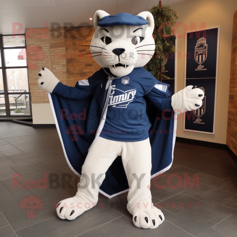 Navy Puma mascot costume character dressed with a Skinny Jeans and Scarf clips Navy Puma mascot costume character dressed with a Skinny Jeans and Scarf clips