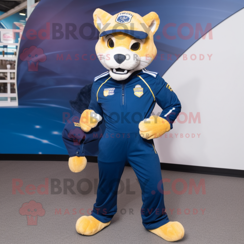 Navy Puma mascot costume character dressed with a Skinny Jeans and Scarf clips