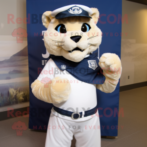Navy Puma mascot costume character dressed with a Skinny Jeans and Scarf clips