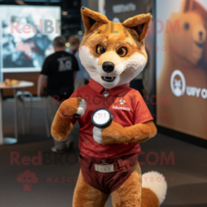 Rust Dingo mascot costume character dressed with a Graphic Tee and Smartwatches