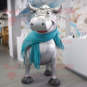 Silver Bull mascot costume character dressed with a T-Shirt and Scarf clips