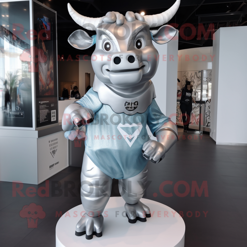 Silver Bull mascot costume character dressed with a T-Shirt and Scarf clips Silver Bull mascot costume character dressed with a T-Shirt and Scarf clips