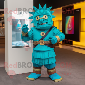 Turquoise Samurai mascot costume character dressed with a Polo Tee and Digital watches
