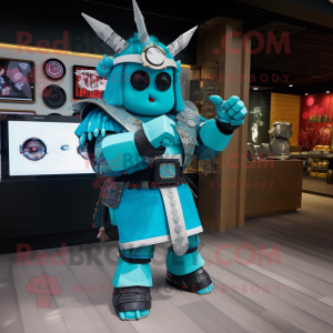 Turquoise Samurai mascot costume character dressed with a Polo Tee and Digital watches