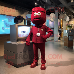 Maroon Television mascot costume character dressed with a Playsuit and Pocket squares