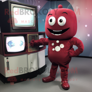 Maroon Television mascot costume character dressed with a Playsuit and Pocket squares