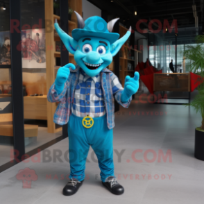 Cyan Devil mascot costume character dressed with a Flannel Shirt and Berets