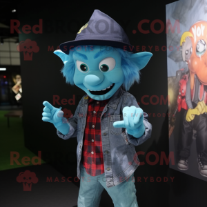 Cyan Devil mascot costume character dressed with a Flannel Shirt and Berets