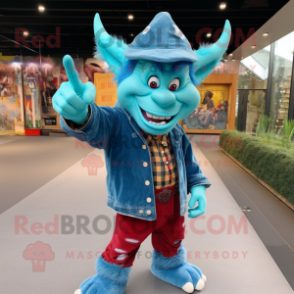 Cyan Devil mascot costume character dressed with a Flannel Shirt and Berets