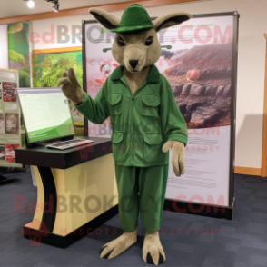 Forest Green Kangaroo mascot costume character dressed with a Romper and Caps