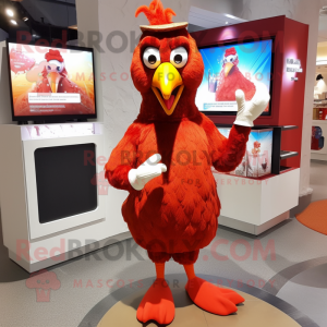 Red Tandoori Chicken mascot costume character dressed with a A-Line Dress and Foot pads