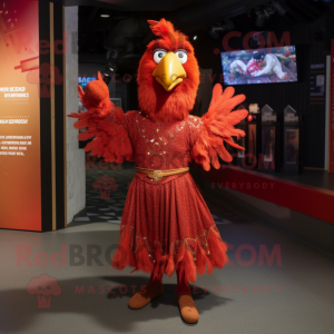 Red Tandoori Chicken mascot costume character dressed with a A-Line Dress and Foot pads