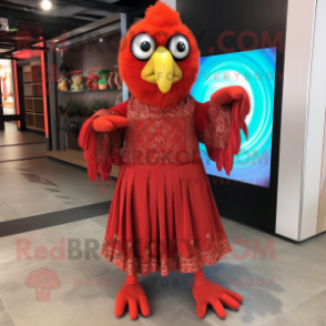 Red Tandoori Chicken mascot costume character dressed with a A-Line Dress and Foot pads