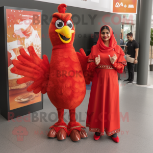 Red Tandoori Chicken mascot costume character dressed with a A-Line Dress and Foot pads