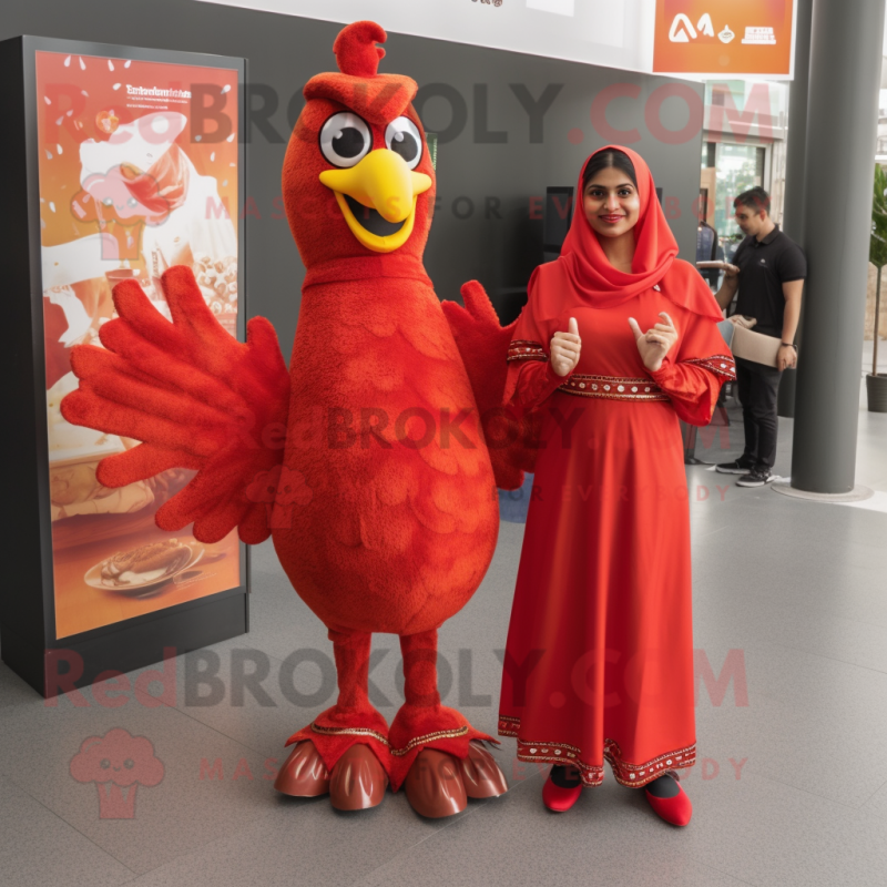 Red Tandoori Chicken mascot costume character dressed with a A-Line Dress and Foot pads Red Tandoori Chicken mascot costume character dressed with a A-Line Dress and Foot pads