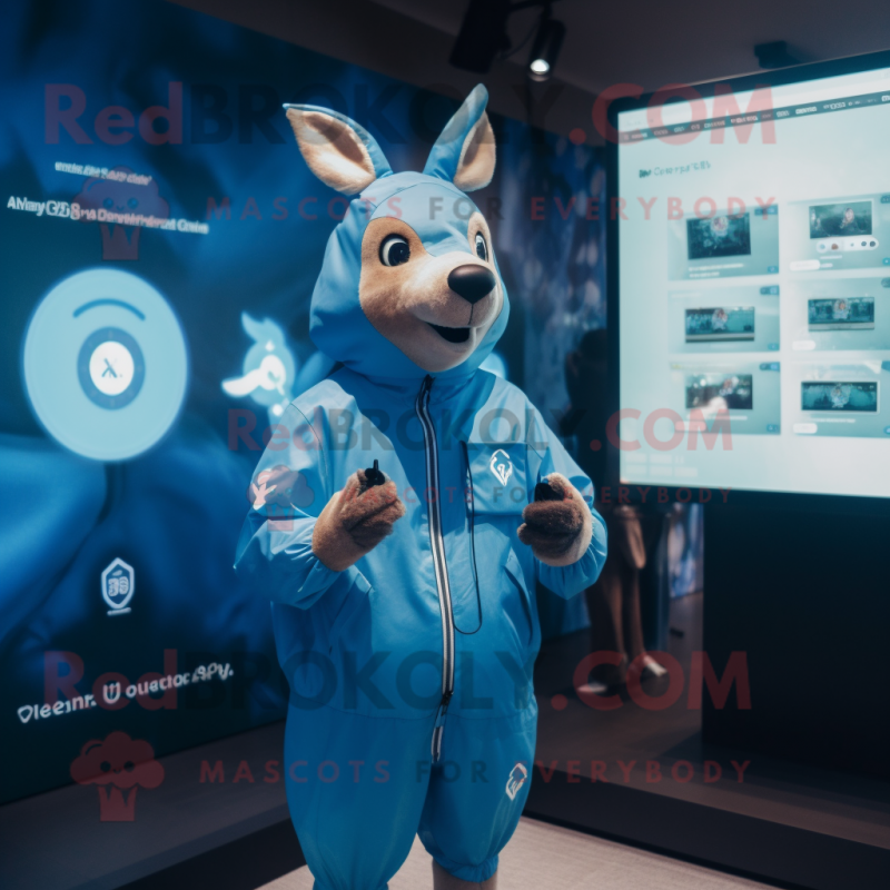 Blue Deer mascot costume character dressed with a Raincoat and Smartwatches