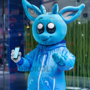 Blue Deer mascot costume character dressed with a Raincoat and Smartwatches