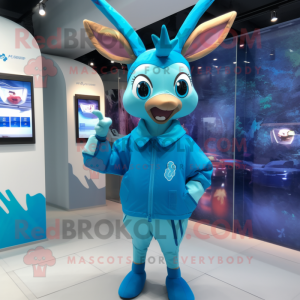 Blue Deer mascot costume character dressed with a Raincoat and Smartwatches