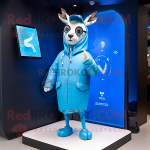 Blue Deer mascot costume character dressed with a Raincoat and Smartwatches
