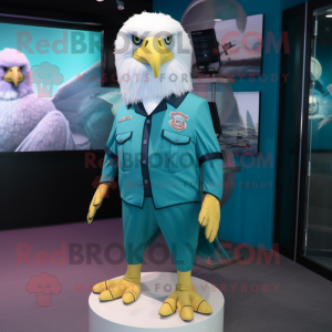 Teal Bald Eagle mascot costume character dressed with a Mini Skirt and Lapel pins