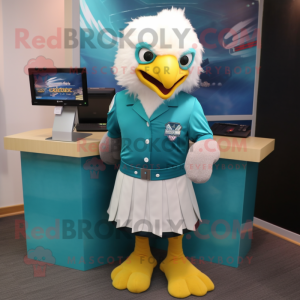 Teal Bald Eagle mascot costume character dressed with a Mini Skirt and Lapel pins