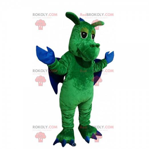 Grünes Drachenmaskottchen mit blauen Flügeln - Redbrokoly.com