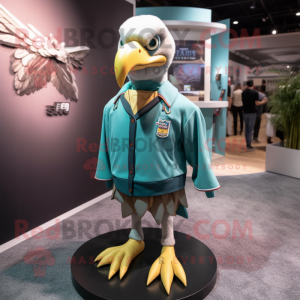 Teal Bald Eagle mascot costume character dressed with a Mini Skirt and Lapel pins