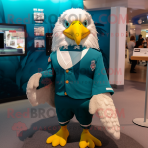 Teal Bald Eagle mascot costume character dressed with a Mini Skirt and Lapel pins