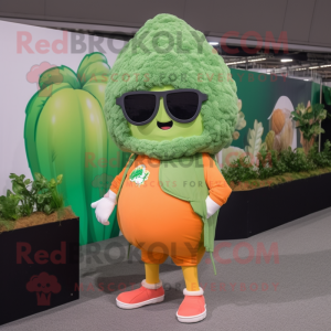 Peach Broccoli mascot costume character dressed with a Long Sleeve Tee and Sunglasses