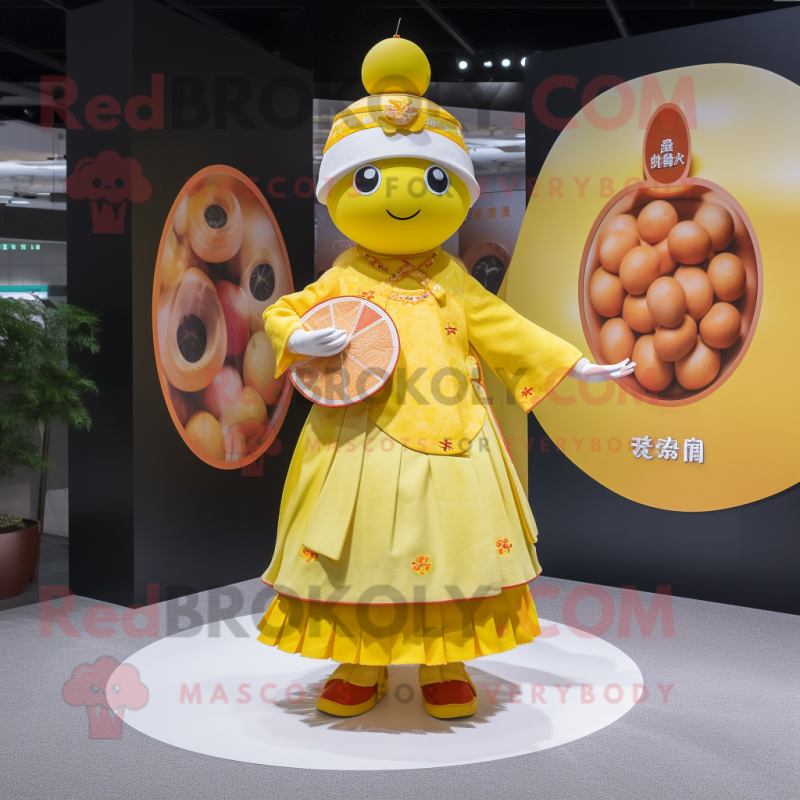 Yellow Mandarin mascot costume character dressed with a A-Line Dress and Rings